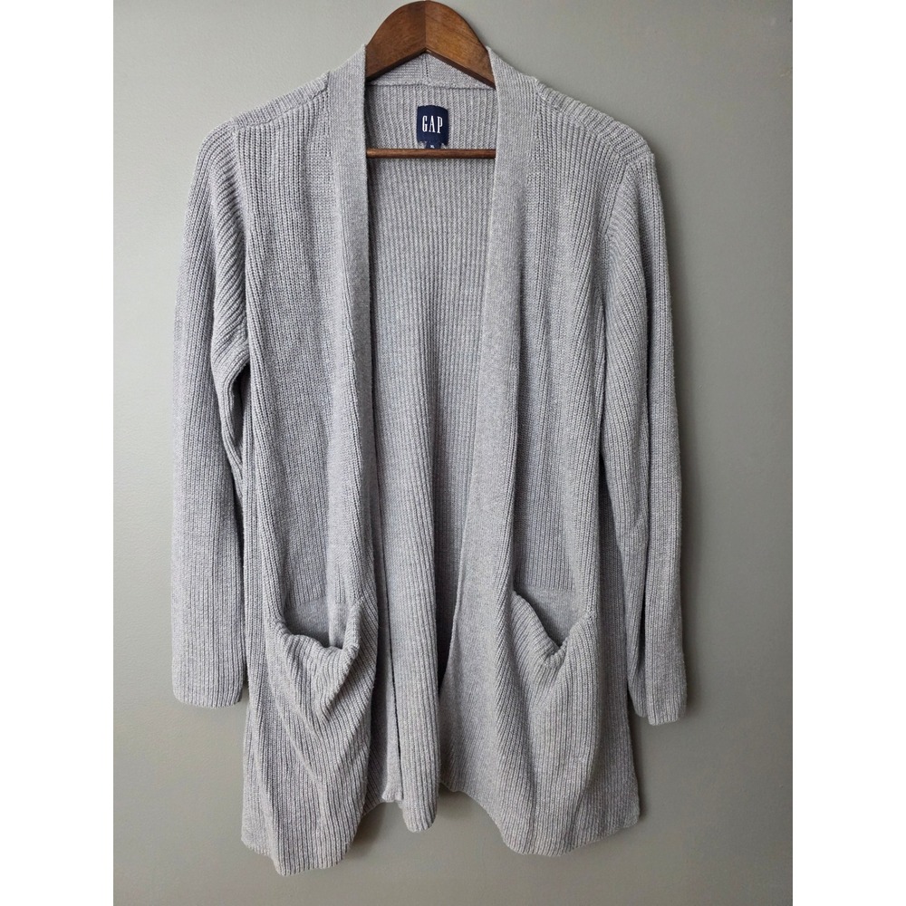 Gap Womens XL Gray Ribbed Knit Open Front Cardigan Sweater Longline Pockets